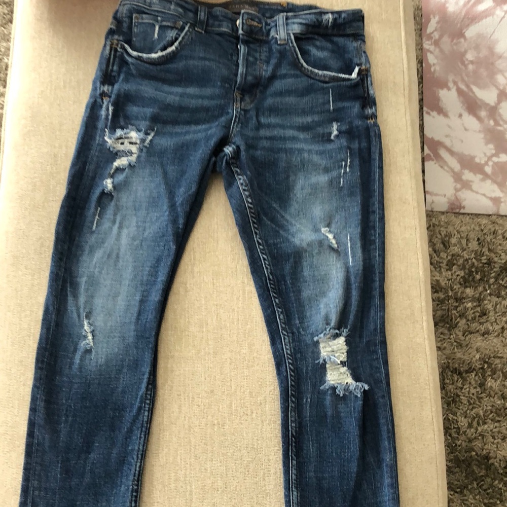 Zara Man, Dark Blue Distressed Ripped Denim Jeans, Size 32